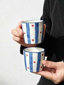 1/4pcs Striped Red Heart Ceramic Hand-Held Cups, INS Style Colorful Vertical Stripe Small Tea Cups, Home Afternoon Tea Coffee Cup Set, Office Highly Attractive Cups, Tea Set, Suitable For Gifts - Multicolor - View 5
