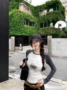 Chic Casual Versatile Striped Round Neck Colorblock Slim Fit Women Long Sleeve Autumn Top - Black and White - View 2