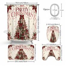 Set Dekorasi Kamar Mandi Natal Motif Pohon Natal Pita 1pc/4pcs Multifungsi, Tirai Kamar Mandi dengan 12 Kait Gratis, Keset Lantai Bentuk U dan Penutup Dudukan Toilet Bulat, Premium, Suasana Meriah, Cocok untuk Semua Dekorasi Ruangan - Pohon Natal dengan Pita - View 3