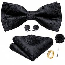 5Pcs Men Black Floral Jacquard Bow Tie Pocket Square Cufflinks Ring Boutonniere Set, Cufflinks Pattern Random For Wedding - Black - View 2