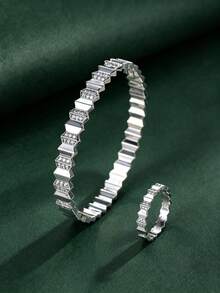 4pcs/Set Women's Geometric Tiered Rhinestone Bracelet & Ring Set, Luxury 3D Patchwork Design, Exquisite Sparkling Versatile Jewelry, Suitable For Banquet, Date, Wedding And Holiday Gift - S62619-jZ23846 - View 23