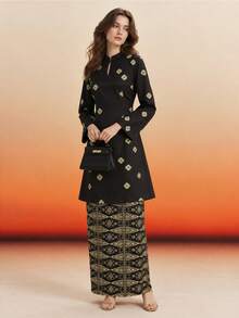 Floral Print Elegant Women's Top And Skirt 2 Pieces Set - Black - View 4