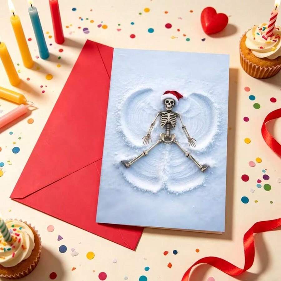 OBOVAY Skull Snow Angel Christmas Greeting Card, Funny Skeleton Wearing Santa Hat Making Snow Angel On Snowy Ground, Cool Gothic Style Holiday Design White Snow Background Unique Black Humor Style Greeting Card - A - View 1