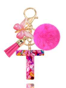 1pc Pink Letter Keychain, Initial Letter Car Key Chain Pendant, Cute Butterfly Tassel Fur Ball Charm For Girls Bag Key Ring Accessory, Halloween Gift Decoration, Suitable For Decorating Handbags, Wallets, Backpacks, Valentine's Day, Bachelorette Party Gift - Hot Pink - View 37