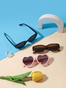 1set 3pcs Unisex 3-8Y Kids, Heart & Cat Eye & Rectangle Frame, PC Material, Cute Retro Fashion Glasses, For Party & Daily Wear With Glasses Box - Multicolor - View 3