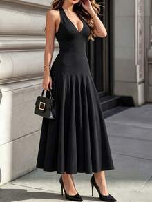 DONICY Women's Elegant Summer - Black Spaghetti Strap Dress - Deep V-Neck Back Tie Flowy Style, Lightweight Breathable Soft, Suitable For Summer Daily - Black - View 6