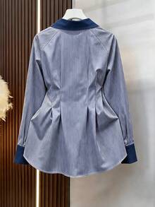 Blue Striped Colorblock Collar Shirt, Waist-Cinching Gold Button Blouse, Elegant Commuter Outfit - Multicolor - View 4