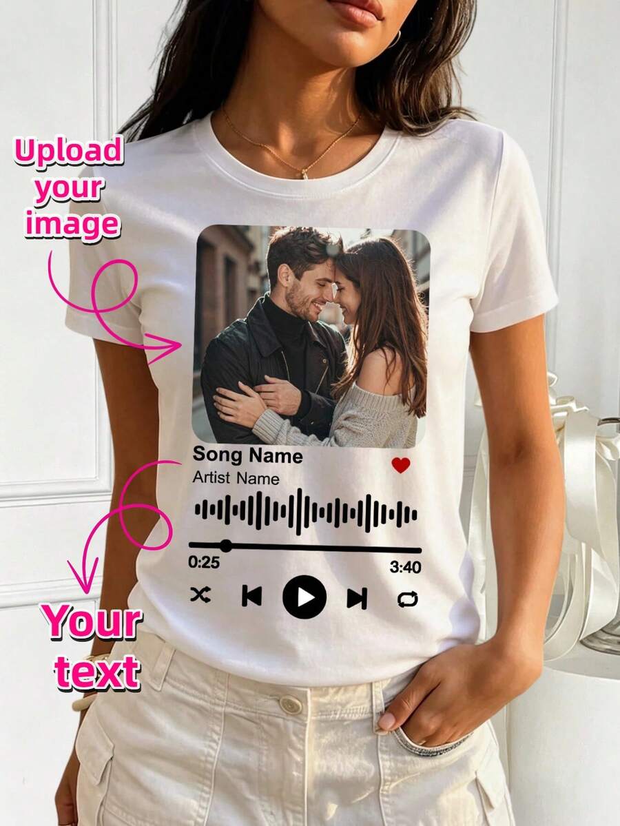 Custom Upload Photo Print T‑Shirt, Music Player Pattern Short Sleeve Casual Tee Personalized Couple Souvenir Gift, Gift For Her Him - White - View 1