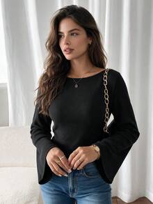 QUNGIGU Women Boat Neck Top Flare Sleeve Slim Fit Basic Shirt Casual Ribbed Apparel For Fall Winter Going Out Dating - Black - View 4