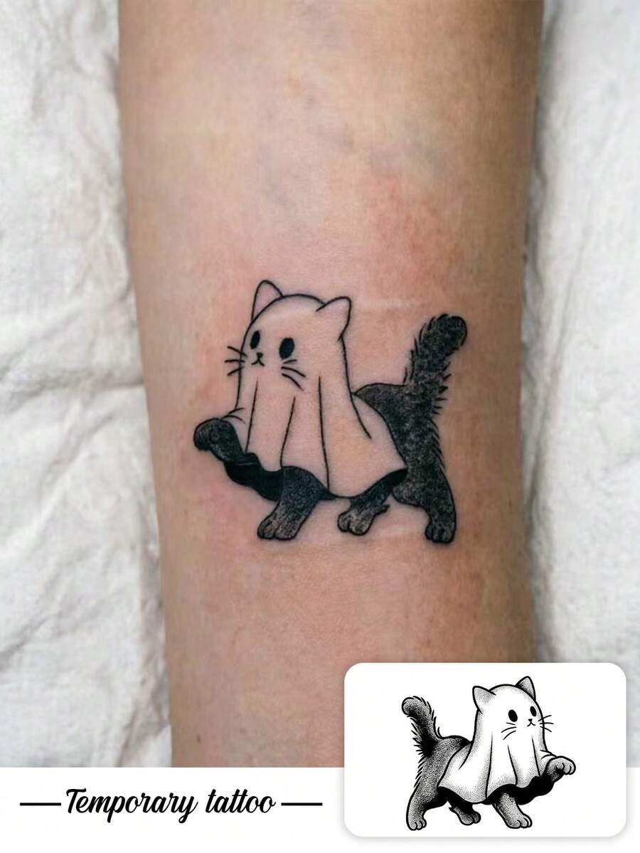 1pc Temporary Tattoo Sticker, Ghost Cat Black & White Stippling Pattern, Realistic Fake Tattoo Design, For Daily Wear, Bachelorette Party Favors, Music Festival, Game, Graduation Gift, Lasts 3‑5 Days - Black - View 1