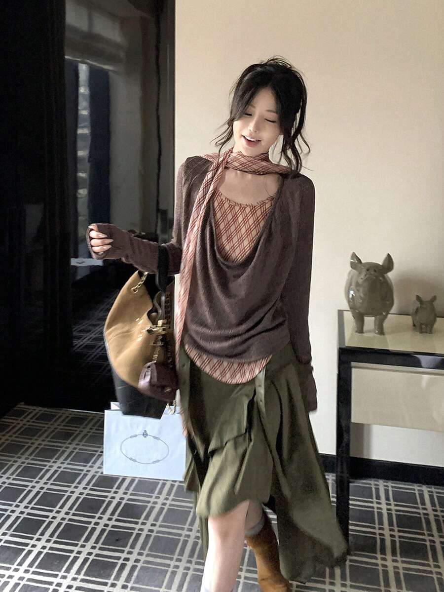 Casual Vibe Draped Neck Plaid Ribbon Patchwork Ruffle Collar 2 In 1 Long Sleeve Autumn/Winter Women's Top - Mocha Brown - View 1