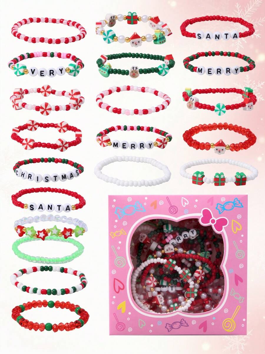 20Pcs Kids Christmas Beaded Bracelet Gift Box Set, Random Colors, Holiday Party Favors For Girls