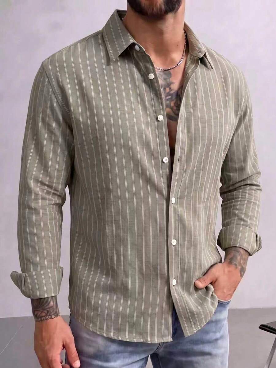Men's Casual Versatile Commute Striped Long Sleeve Shirt - Multicolor - View 1