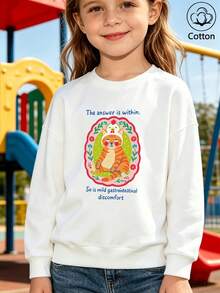 Kids' Cute Cat Print Pullover Sweatshirt, Floral Border & English Slogan Design, Loose Round Neck Long Sleeve, - White - View 1