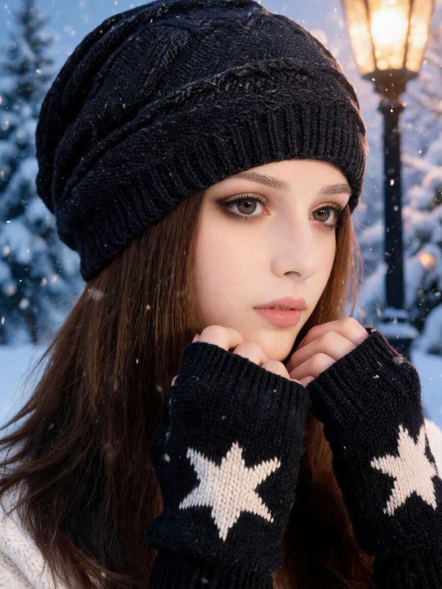 2pcs Black Knitted Hat + Fingerless Gloves Set, Unisex, Winter Warm Set - Multicolor - View 1