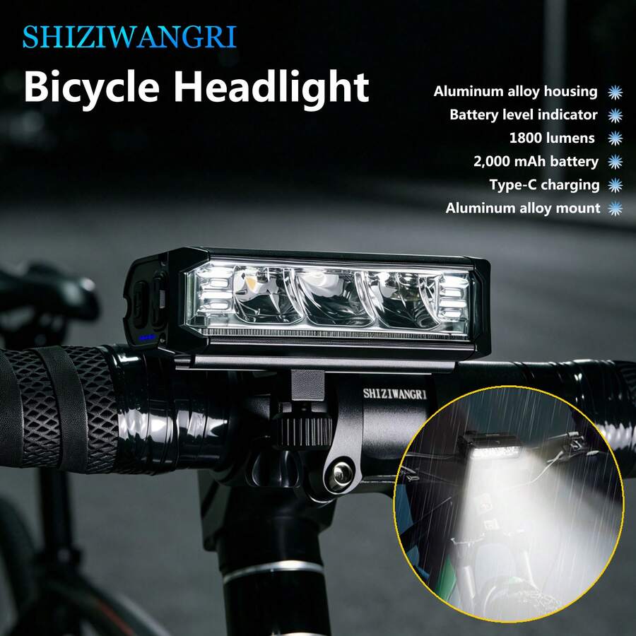 Lampu Depan Sepeda, 1800 Lumens, Lampu Depan Sepeda Terang, Baterai Isi Ulang 2000mAh, Pengisian Daya Tipe-C, Casing & Dudukan Paduan Aluminium, 5 Mode Cahaya, Lampu Keselamatan Bersepeda - Hitam - View 1