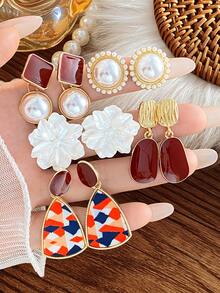 5 Pairs Camellia Thick Gold Earrings Set Women Faux Pearl Oil Drop Earrings Niche Elegant Earrings Fashion Party, Travel Vacation, Engagement Gift, Suitable For Various Occasions - Multicolor - View 1