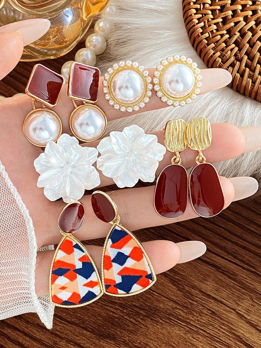 5 Pairs Camellia Thick Gold Earrings Set Women Faux Pearl Oil Drop Earrings Niche Elegant Earrings Fashion Party, Travel Vacation, Engagement Gift, Suitable For Various Occasions - Multicolor - View 1