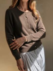 HEYMINI 100% Cashmere Women's Solid Color Minimalist Knit Cardigan, Round Neck Long Sleeve Button Sweater Jacket, Comfortable Autumn/Winter Outfit - Coffee Brown - View 7