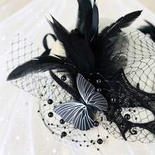 Women's Black Lace Masquerade Mask, Feather Butterfly Beaded Veil Half Face Mask, Gothic Style Venetian Halloween Party Cosplay Costume Accessory - Black - View 5