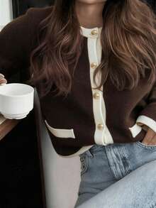 Women's Autumn/Winter New French Romantic Soft Feminine Fashion Contrast Trim Commuter Style Knit Cardigan Top - Coffee and White - View 1