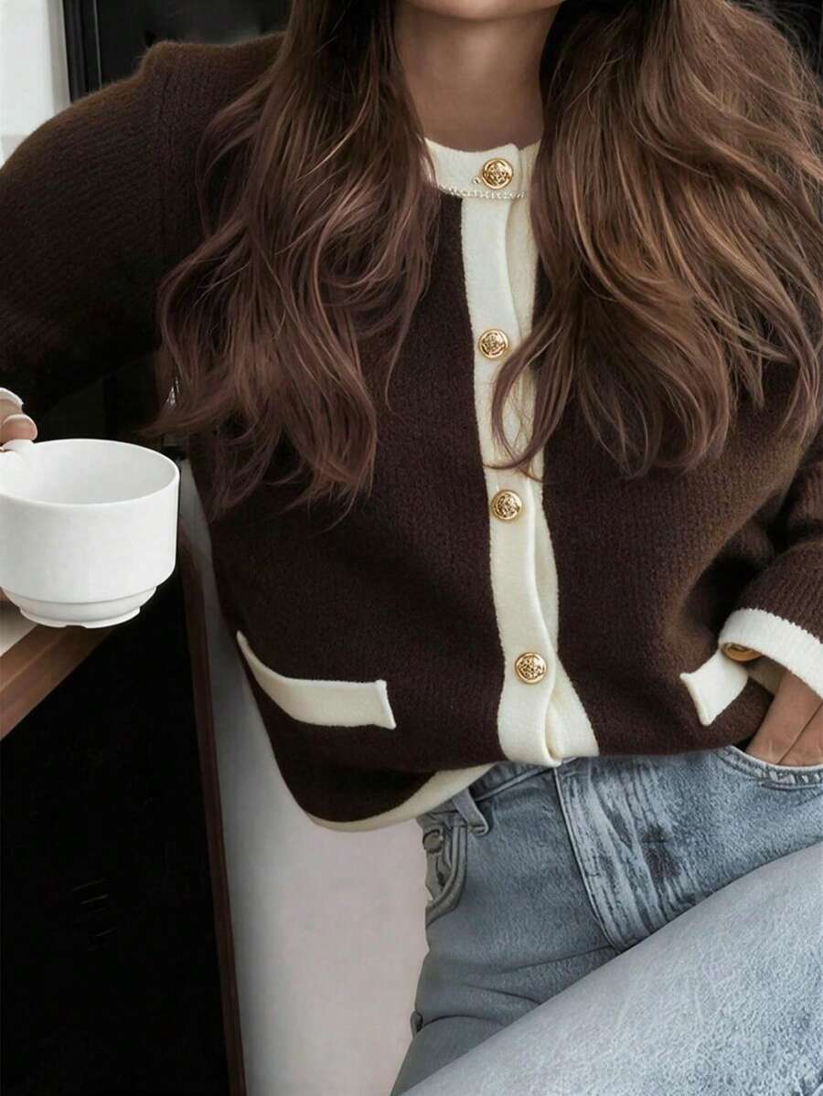 Women's Autumn/Winter New French Romantic Soft Feminine Fashion Contrast Trim Commuter Style Knit Cardigan Top - Coffee and White - View 1