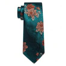 Men's Tie Handkerchief Cufflinks Tie Clip 4pcs Set Deep Green Orange Red Floral Jacquard Gold Tie Clip Business Matching - Cadet Blue - View 3