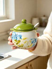 High Aesthetic Hand-Painted Floral Ceramic Seasoning Jar With Lid And Spoon, Dual Handle Salt & Sugar Canister, Kitchen Heat-Resistant Lard & Chili Oil Pot, Ceramic Sealed Storage Container, Fresh Printed Condiment & Sauce Organizer, Vintage Painted Dual Handle Ceramic Spice Holder, Kitchen Salt & Sugar Storage Box With Fresh Floral Print - Multicolor - View 16