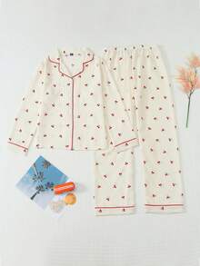 Teen Girls Cute Cherry Print Button Front Long Sleeve Pajama Set, 2-Piece Lapel Top + Pants Loungewear Home Casual Outfit For Autumn/Winter - Multicolor - View 9