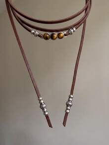 1pc European & American Style Necklace With Brown Vintage Floral Pattern Long Chain, Western Style Versatile Personalized Collarbone Chain Jewelry - Multicolor - View 4