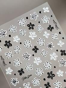 2sheet 3D Polka Dot Flower Nail Stickers, Self-Adhesive Black White Floral Nail Decals, Retro Dot Petal & Small Beads Design, Hot DIY Nail Decor For Spring Summer Party Date For False & Natural Nails - Multicolor - View 4
