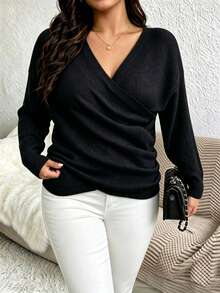 Plus Size Solid Color Casual Fashion V-Neck Long Sleeve Cross Knit Sweater - Black - View 6