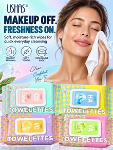 USHAS Makeup Remover Wipes, 60pcs Disposable Facial Cleansing Towelettes, 4 Kinds Of Nutritious Ingredients, Mild Non-Irritating, Easily Remove Waterproof Lip & Eye Makeup, Portable Makeup Removing Wipes - #03 - View 2