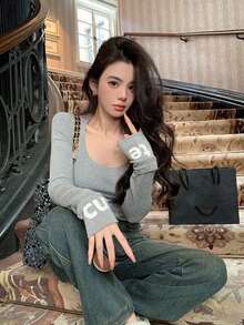 Women's Autumn Round Neck Long Sleeve Slim Fit Letter Print T-Shirt - Grey - View 4