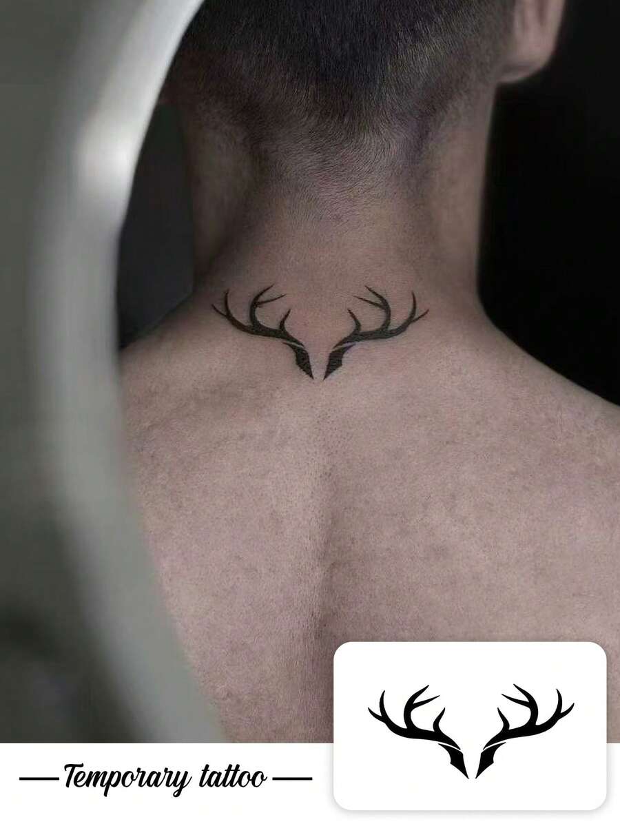 1pc Temporary Tattoo Sticker, Black Minimalist Deer Antler Silhouette Pattern, Realistic Fake Tattoo Design, For Daily Wear, Bachelorette Party Favors, Music Festival, Game, Graduation Gift, Lasts 3‑5 Days - Black - View 1