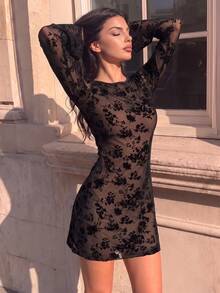 Women's Flocked Bell Sleeve Fitted A-Line Dress - Black - View 6