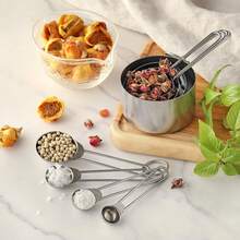 8-Piece Stainless Steel Measuring Cups And Spoons Set, Dual-Color Gold And Silver Handle Design, Practical Kitchen Tools For Stirring Milk And Coffee - Silver Suit - View 7