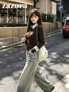 Korean Style Polo Collar Long Sleeve T-Shirt Women Inner Layer Slim Fit Flattering Unique Beautiful Base Layer Top Autumn Clothing - Brown - View 5