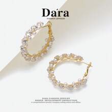 DARA Freshwater Pearl Earrings S925 Silver 3-4mm High Luster Design Luxury Women's Double Hoop Earrings - White Gold - View 6