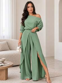 ChicMe 2pcs Women Set, Open Shoulder Batwing Sleeve Top Paired With Elastic Waist Slit Wide Leg Pants, Fashionable Casual Outfit Suitable For Office, Vacation, Party And Other Occasions Spring Elegant - Green - View 5