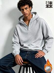 mulinsen Sweatshirt Beludru Pria, Sweatshirt Berkerudung Kancing Kerah Henley Longgar Model Musim Gugur/Dingin Terbaru, Warna Polos Gaya Kasual Tebal - Light Grey - View 7