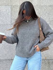 Women's Half-High Collar Zip-Up Knit Sweater, Slouchy Lantern Sleeve Pullover - Grey - View 6