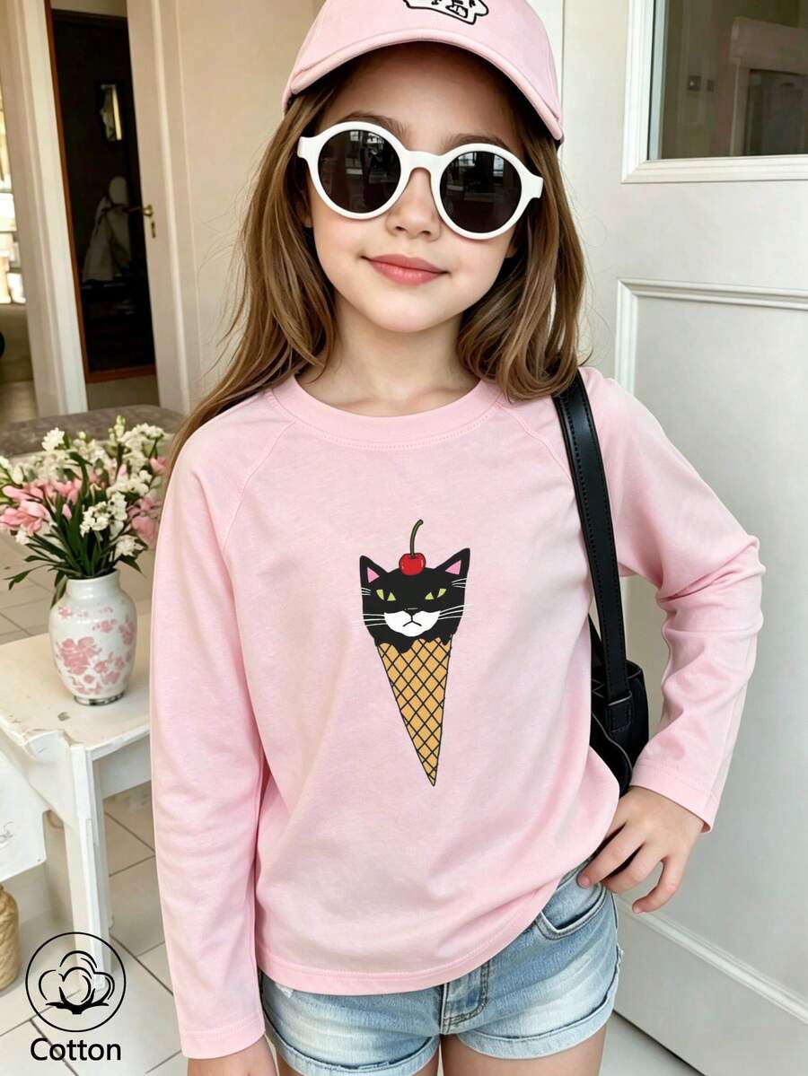 Girls Cotton Raglan Long Sleeve T-Shirt, Autumn Winter Long Sleeves, Cat Face Ice Cream Print, Sweet Girly Preppy Style - Baby Pink - View 1