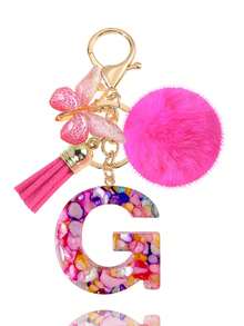 1pc Pink Letter Keychain, Initial Letter Car Key Chain Pendant, Cute Butterfly Tassel Fur Ball Charm For Girls Bag Key Ring Accessory, Halloween Gift Decoration, Suitable For Decorating Handbags, Wallets, Backpacks, Valentine's Day, Bachelorette Party Gift - Hot Pink - View 9