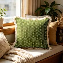1PC French Printed Pillow Cover With Tassel Border, Double-Sided Decorative Pillowcase, Green Geometric Loop Design Pattern, Home Decoration, Sofa, Bed, Bedroom(Excluding Pillow Core)-Size Excludes 3cm Tassels - Multicolor - View 7