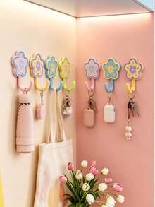 8/4pcs Cute Style Plastic Flower Shaped Wall Hook With Contrast Color Petal & Center Detail, Punch‑Free Strong Load‑Bearing Hanging Holder, Decorative Single Hook Wall Hanger, Suitable For Entryway, Bedroom, Bathroom, All‑Season Home Storage - Multicolor - View 7