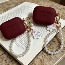 Wine Red Earphone Case With Pearl Pendant, Compatible With AirPods 1/2/3, Pro 2/3, 4/5, Soft Silicone Protective Cover, Exclusive Gift For Women - Burgundy - View 1
