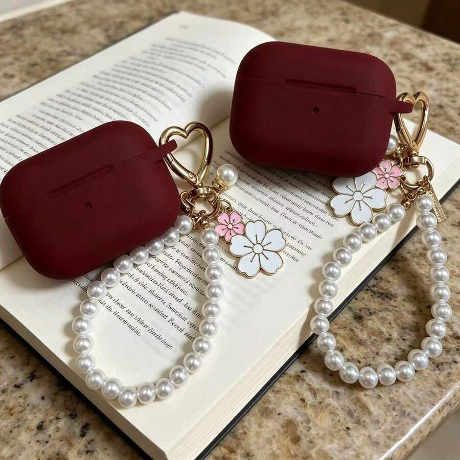 Wine Red Earphone Case With Pearl Pendant, Compatible With AirPods 1/2/3, Pro 2/3, 4/5, Soft Silicone Protective Cover, Exclusive Gift For Women - Burgundy - View 1