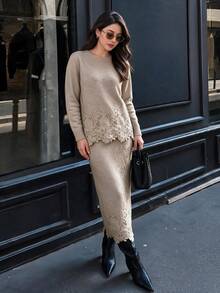 Novelle Women's Elegant Casual Camel Lace Trim Midi Skirt & Loose Knit Sweater 2 Pieces Set, Suitable For Dates, Parties, Formal Occasions, Office, Home, Daily Commute - Camel - View 5