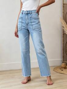Design Flat Pocket Solid Color Casual Slim Fit Denim Cropped Pants - Light Wash - View 7